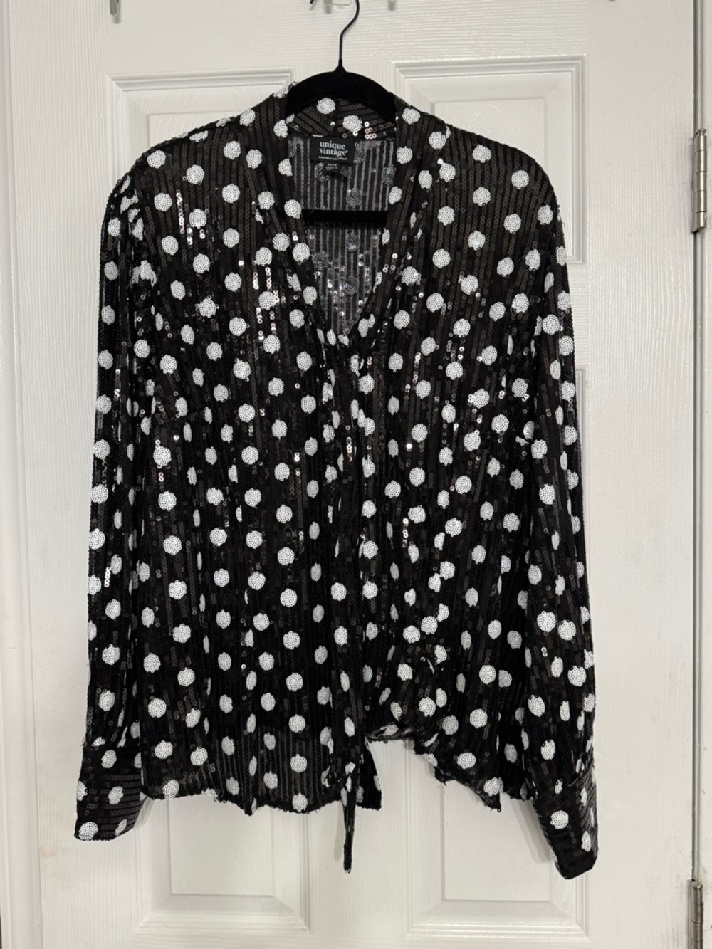 Unique Vintage Black Sequin Polka Dot Tie-Front Blouse 2XL/18